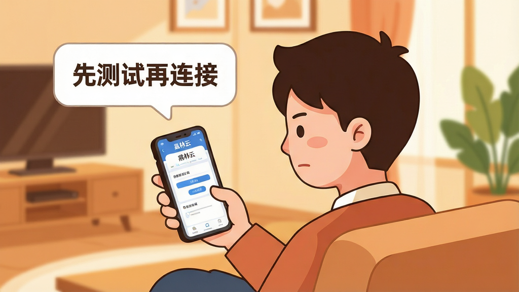 一张表现“嘉林云”新手操作场景的插画,画面中一个卡通人物坐在沙发上拿着手机,手机屏幕显示“嘉林云”的数据库连接界面,人物旁边有一个浮动的提示气泡写着“先测试再连接”,背景是温馨的家居环境。布局为居中构图,风格为扁平化卡通插画,细节上人物表情专注,气泡为白色圆角矩形,背景色调温暖,画质清晰,画面干净,无多余元素。
