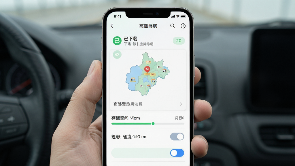 高能驾车导航离线地图下载管理界面图,主体为手机屏幕显示省份地图列表与下载进度条,布局为列表式排版,风格为清爽浅色,细节包含已下载标识、存储空间提示、省流开关按钮,排版整齐,画质清晰,干净,无多余元素