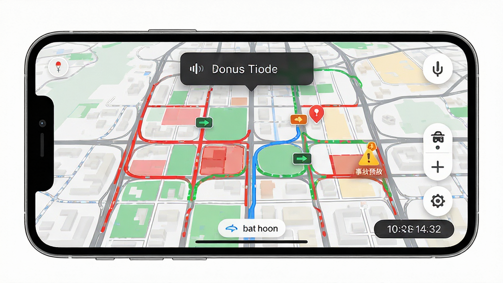 高能驾车导航实时路况播报界面图,主体为手机屏幕显示城市道路网格与红绿路况色块,布局为全屏地图展示,风格为现代简约,细节包含语音播报悬浮窗、事故预警图标、时间戳显示,排版清晰,画质高清,干净,无多余元素