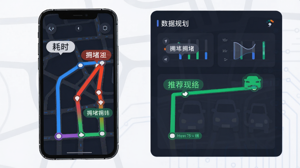 高能驾车导航智能路线规划功能展示图,主体为手机屏幕显示多条彩色路线对比,布局为左侧手机右侧数据面板,风格为扁平化科技风,细节包含路线耗时标签、拥堵路段红色高亮、推荐路线绿色标识,排版简洁,画质清晰,干净,无多余元素