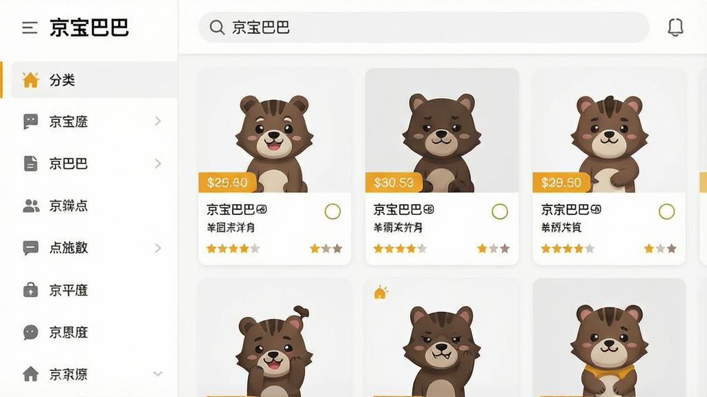 画面主体为“京宝巴巴”应用内的商品聚合浏览界面,布局采用左右分栏结构,左侧为垂直分类导航栏,右侧为商品卡片瀑布流,排版整齐清晰,风格为现代简约扁平化设计,细节上商品卡片带有价格标签与评分星标,背景为纯白色,顶部搜索框内文字“京宝巴巴”清晰可见。画质高清、干净、无多余元素,整体视觉清爽,适配下载站配图需求。