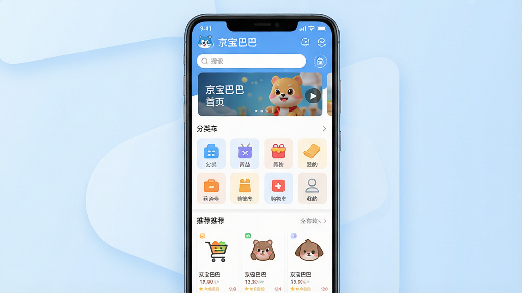 整体画面以“京宝巴巴”软件为核心主体,画面中央放置一部竖屏安卓手机,手机屏幕内展示京宝巴巴应用首页界面,界面上方有搜索栏和轮播图,中部为商品分类图标网格,下方为推荐商品列表,整体布局采用居中对称构图,排版简洁有序。风格选用现代扁平化UI展示风格,背景为浅蓝色渐变,辅以柔和阴影与圆角卡片细节,屏幕内文字标注“京宝巴巴”“首页”“分类”“购物车”“我的”等字样清晰可见。画质要求高清、干净、无多余元素,整体色调清爽明亮,适合软件下载站展示使用。