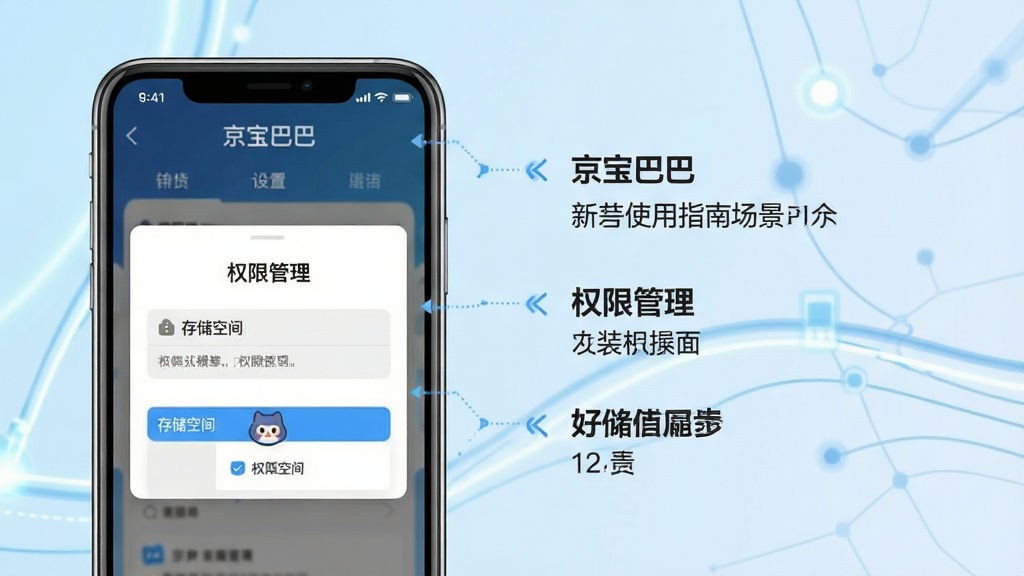 画面主体为“京宝巴巴”新手使用指南场景,布局采用手机界面与操作步骤结合的形式,画面左侧为手机屏幕展示安装权限设置页面,右侧为步骤说明文字区域,排版清晰有序,风格为简洁明快的科技扁平化设计,细节上手机屏幕内文字“京宝巴巴”“权限管理”“存储空间”清晰可见,背景为浅蓝色渐变。画质高清、干净、无多余元素,整体视觉专业,适合软件教程配图。