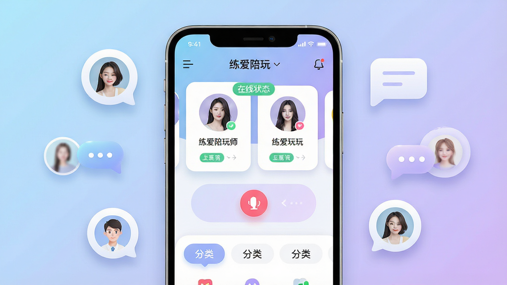 一张手机应用界面展示图,画面中央放置一部竖屏智能手机,手机屏幕上显示练爱陪玩应用的主页界面,界面中包含陪玩师头像卡片、在线状态标签、语音连麦按钮和分类导航栏。背景采用浅蓝到浅紫的渐变色调,周围散布若干圆形头像气泡和聊天气泡图标。整体风格为清爽现代的移动应用展示风,细节包括柔和的投影、圆角卡片和简洁的图标设计。画质清晰,画面干净,无多余元素。