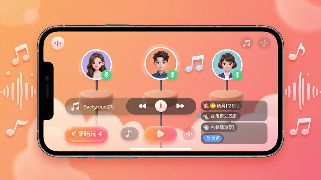 一张多人语音房间界面展示图,画面中央是一部横屏手机,屏幕上显示练爱陪玩的多人语音房间,包含多个用户头像座位、麦克风状态图标、背景音乐控制条和聊天文字区。手机两侧有音符和声波图案。背景为温暖的橙粉色渐变,风格为活泼社交风,细节包括圆润的按钮和柔和的发光效果。画质清晰,画面干净,无多余元素。