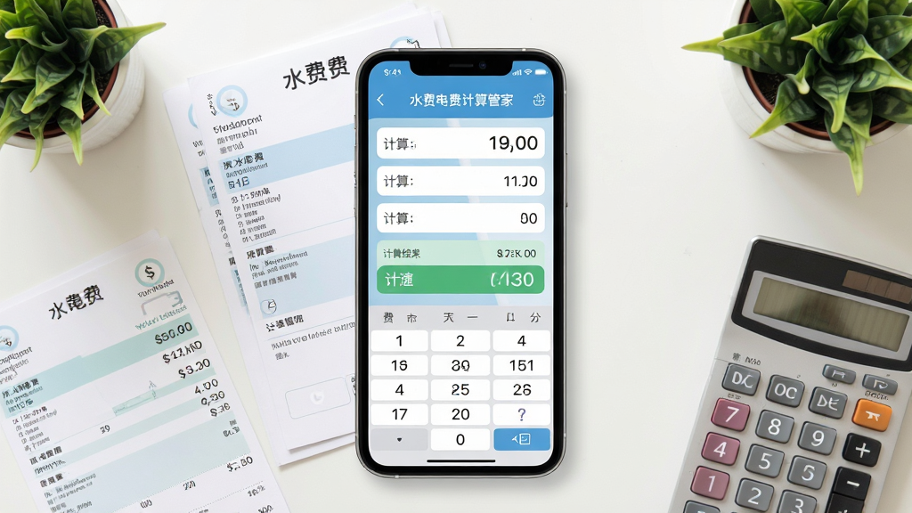 水费电费计算管家软件主界面展示,画面中央是一台智能手机,屏幕显示水电费计算输入框和计算结果,背景是整洁的居家桌面,桌上放着水电费账单和计算器,布局为手机居中、周边点缀账单与绿植,风格为清新写实扁平化,细节包括屏幕上清晰显示水费电费计算管家字样和数字输入键盘,画质高清干净无多余元素