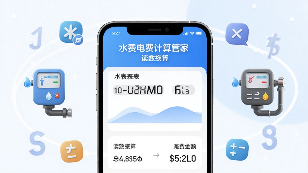 水费电费计算管家智能读数换算功能展示,画面中一部手机屏幕显示水表读数和电表读数输入界面,下方自动生成用量和金额结果,周围环绕数字符号和计算图标,布局为手机居中、左右两侧分别放置水表与电表图标,风格为科技简约风,细节要求屏幕文字包含水费电费计算管家和读数换算字样,画质清晰干净无多余元素