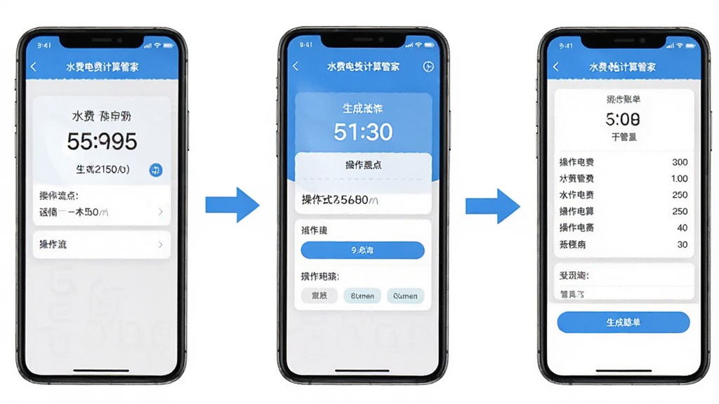 水费电费计算管家新手操作示意图,画面展示手机屏幕从输入读数到生成账单的流程,用箭头连接三个界面截图,布局为横向流程图、手机居中排列,风格为教程图解风,细节要求每个界面标注水费电费计算管家字样和操作要点,画质清晰干净无多余元素