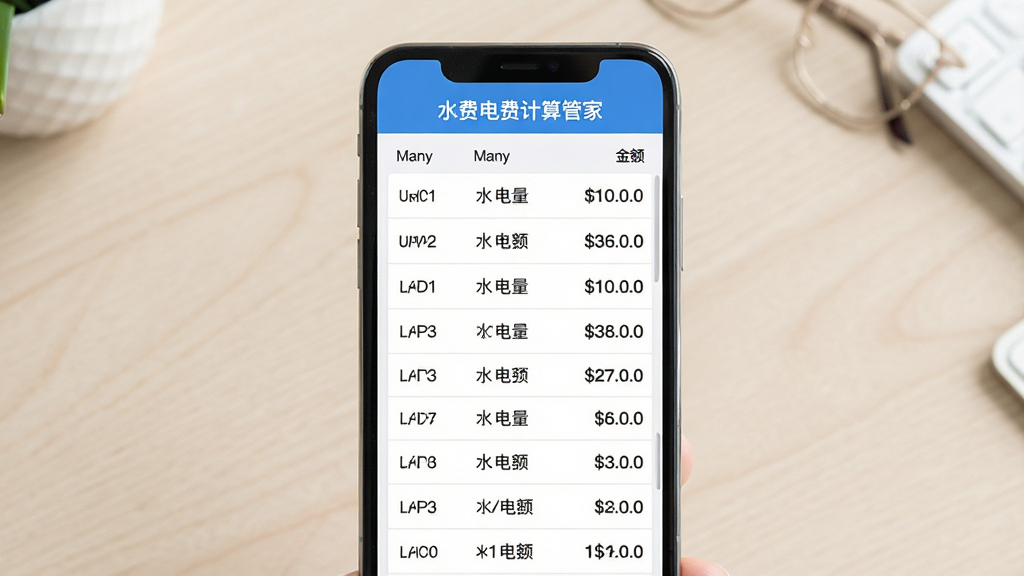 水费电费计算管家账单明细记录界面展示,手机屏幕呈现按月排列的水电费用列表,每行显示月份、用量和金额,布局为手机居中、背景为浅色桌面,风格为清爽商务风,细节要求屏幕顶部显示水费电费计算管家字样,画质高清干净无多余元素