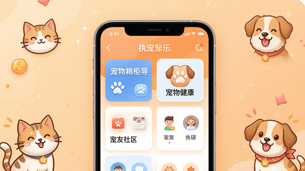 执宠乐APP主界面展示,画面中央是一部智能手机,屏幕上显示执宠乐宠物服务平台的首页,包含宠物粮柜导航、宠物健康档案、宠友社区等模块图标,背景为温暖的浅橙色渐变,周围点缀可爱的猫狗卡通形象,布局简洁清晰,风格温馨现代,细节精致,画质清晰,画面干净,无多余元素