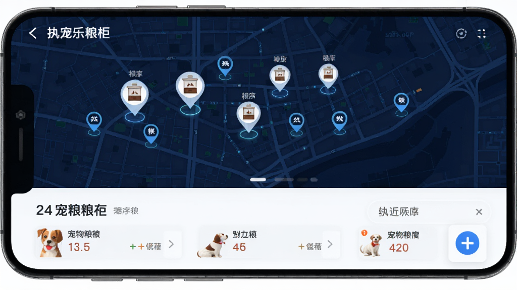 执宠乐APP中24小时自助宠物粮柜导航功能界面,手机屏幕显示城市地图,地图上标注多个粮柜位置图标,下方列出附近粮柜的宠物粮库存信息,背景为深蓝色科技感地图底纹,风格现代简洁,细节清晰,画质干净,无多余元素