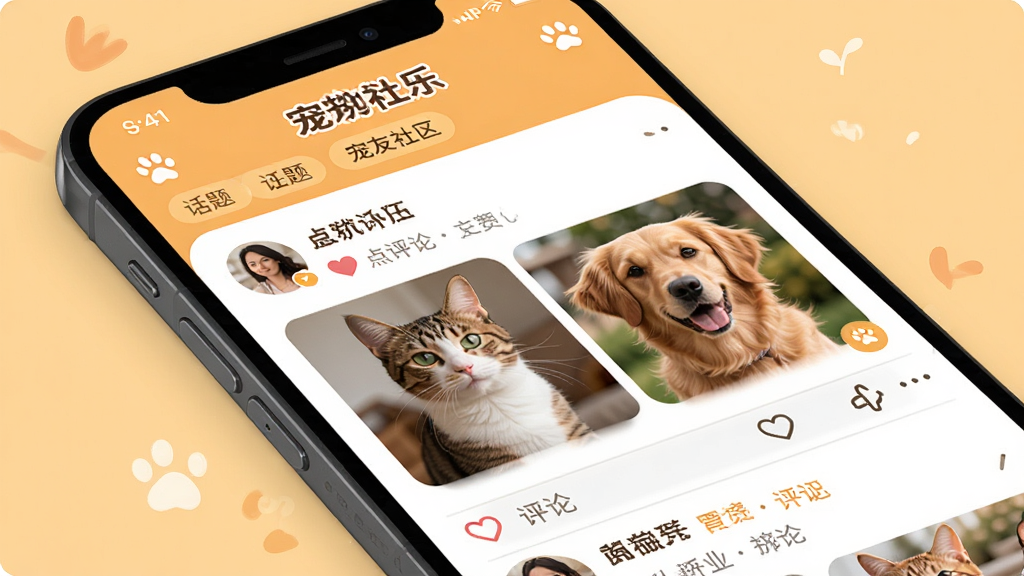 执宠乐APP宠友社区界面,手机屏幕显示宠物社区动态流,包含用户发布的猫咪和狗狗照片、点赞评论互动区域、话题标签,背景为暖色调,风格活泼温馨,布局错落有致,细节生动,画质清晰,画面干净,无多余元素