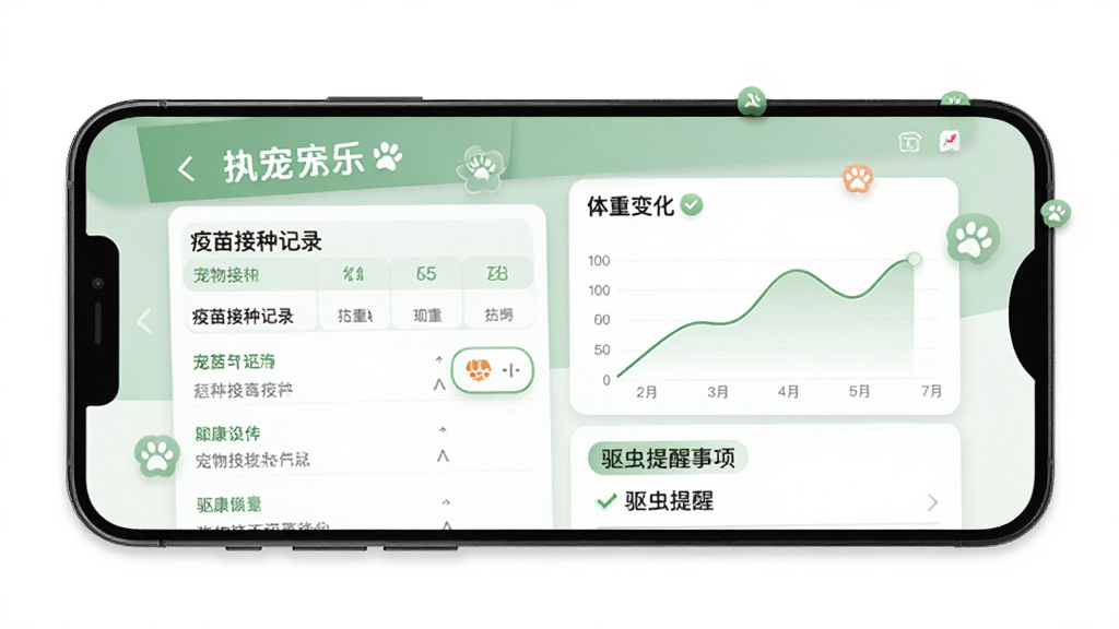 执宠乐APP宠物健康管理界面,手机屏幕展示宠物电子健康档案页面,包含疫苗接种记录表、体重变化曲线图、驱虫提醒事项,界面配色为柔和的绿色调,布局清晰有条理,风格专业友好,细节精致,画质清晰,无多余元素
