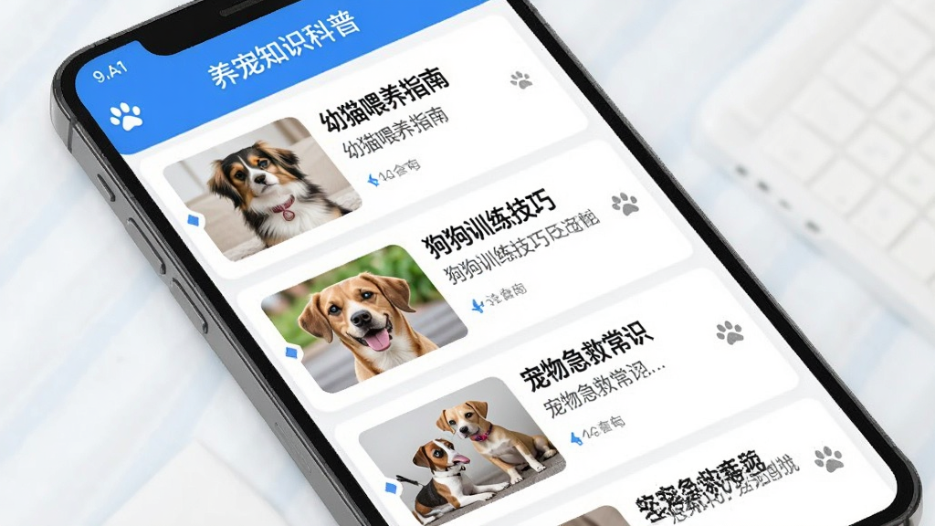 执宠乐APP养宠知识科普页面,手机屏幕显示养宠文章列表,包含幼猫喂养指南、狗狗训练技巧、宠物急救常识等文章标题和缩略图,界面排版整洁,配色为蓝白相间,风格专业清新,细节清晰,画质干净,无多余元素