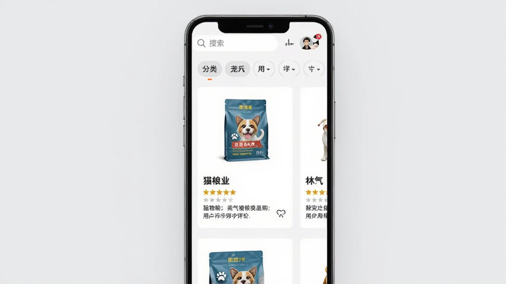 执宠乐APP宠物粮选购页面,手机屏幕显示猫粮和犬粮的商品列表,每件商品配有包装图、品牌名、评分星级和用户评价摘要,页面顶部有搜索栏和分类筛选标签,背景为浅灰色,风格清新简约,细节丰富,画质干净,无多余元素