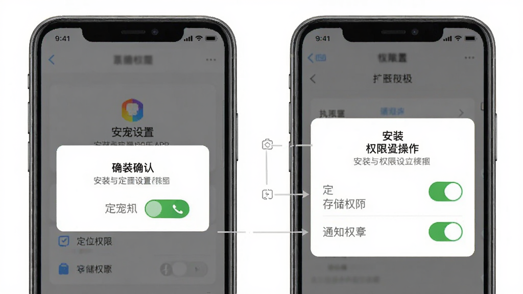 执宠乐APP安装与权限设置操作示意图,画面展示手机屏幕上的安装确认弹窗和权限授权界面,界面标注定位权限、存储权限、通知权限的开关状态,背景为简洁的白色,风格清晰明了,细节准确,画质干净,无多余元素