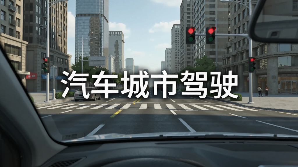 汽车城市驾驶真实道路场景展示,画面中汽车行驶在城市主干道上,前方有红绿灯与斑马线,两侧为高楼建筑,画面中央标注“汽车城市驾驶”字样,写实风格,光线自然,画质清晰,无杂乱元素