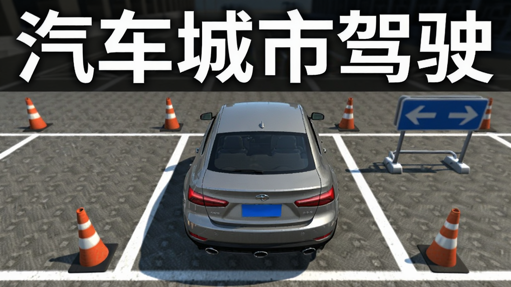汽车城市驾驶停靠任务画面,汽车正在进行倒车入库操作,地面有停车位标线,周围有锥桶与指示牌,画面上方显示“汽车城市驾驶”文字,视角为俯视与后视结合,风格写实,细节丰富
