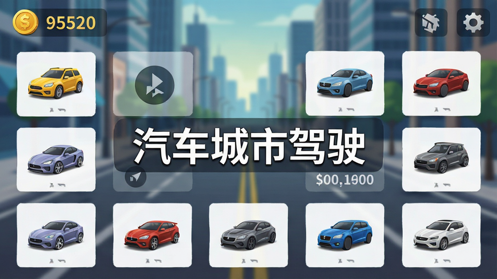 汽车城市驾驶金币解锁界面,画面中显示金币数量与可购买车辆列表,汽车图标排列整齐,背景为城市道路虚化效果,中央标注“汽车城市驾驶”文字,风格清爽,排版清晰,画质干净