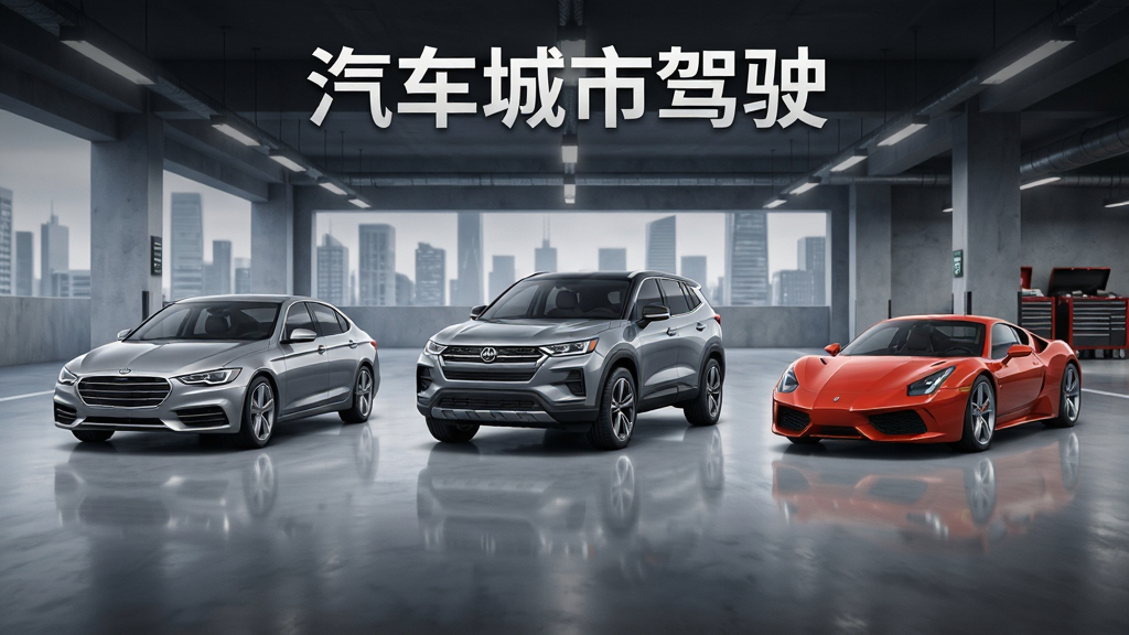 汽车城市驾驶多车型选择界面,画面中并排展示轿车、SUV、跑车三款车辆,背景为城市车库场景,顶部显示“汽车城市驾驶”文字,排版整齐,风格简洁现代,画质干净清晰