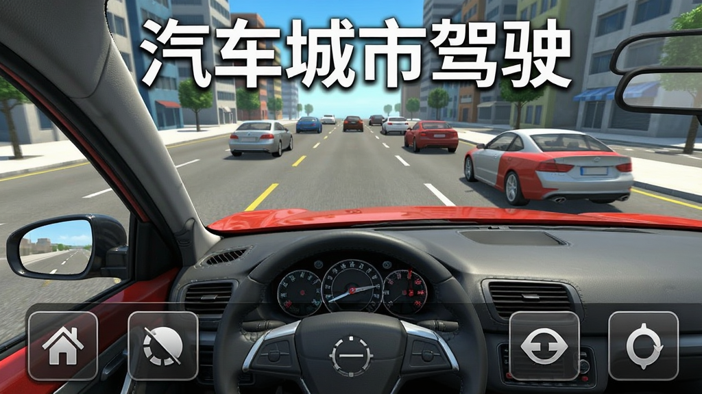 汽车城市驾驶游戏主界面截图,画面上方显示城市道路与车辆,中间是驾驶视角的汽车,下方为操作按钮区域,整体风格写实明亮,包含“汽车城市驾驶”文字标题,干净无多余元素