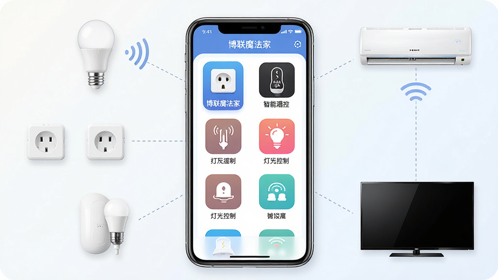 一张展示博联魔法家APP主界面的概念图。画面中央是一部智能手机,屏幕上显示着博联魔法家APP的首页设备列表,包含智能插座、红外遥控、灯光控制等图标。手机周围环绕着智能家居设备,如智能灯泡、智能插座、空调、电视等,以虚线连接表示互联互通。整体布局为横向构图,手机居中,设备环绕四周。风格为现代科技感UI展示图,细节包括APP图标上的