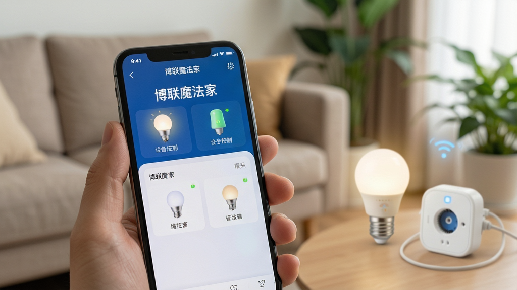 一张展示博联魔法家APP在手机上运行的使用场景图。画面中一只手拿着手机,屏幕上显示博联魔法家APP的设备控制界面,背景是温馨的家居环境,远处有智能灯泡和智能插座在工作。整体布局为前景手机特写,背景虚化处理。风格为生活写实照片,细节包括手机屏幕上的