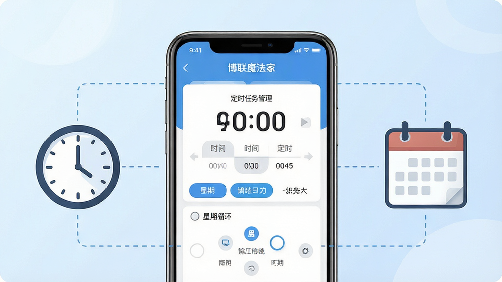 一张展示博联魔法家APP定时任务管理功能的概念图。画面中央为一部手机,屏幕上显示博联魔法家APP的定时任务设置界面,包含时间选择器和星期循环选项。手机旁边放置一个时钟图标和日历图标,以虚线连接表示时间设定。整体布局为居中构图,手机居中,时钟和日历分列两侧。风格为简洁UI展示图,细节包括时间数字清晰可见、星期选项高亮、背景为浅蓝色渐变。画质高清,干净整洁,无多余元素。