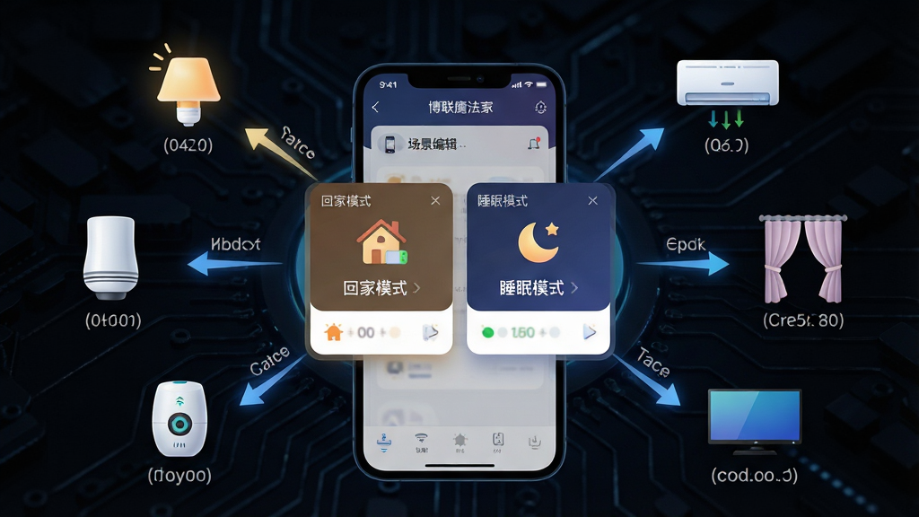 一张展示博联魔法家APP场景联动功能的概念图。画面中央为博联魔法家APP的场景编辑界面,显示