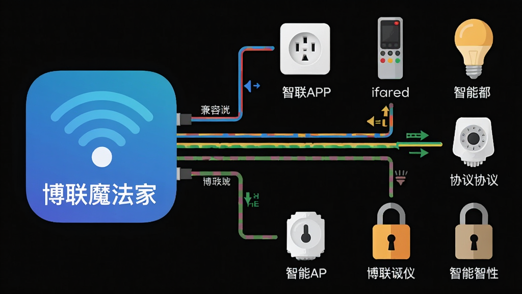 一张展示博联魔法家APP设备兼容性的概念图。画面左侧为博联魔法家APP图标,右侧排列着多种智能设备图标,包括智能插座、红外遥控器、智能灯泡、传感器、智能门锁等。设备之间以彩色连线表示兼容连接,整体布局为左右结构。风格为扁平化图标展示,细节包括每个设备图标下方标注设备名称、连线颜色区分不同协议。画质高清,干净整洁,无多余元素。