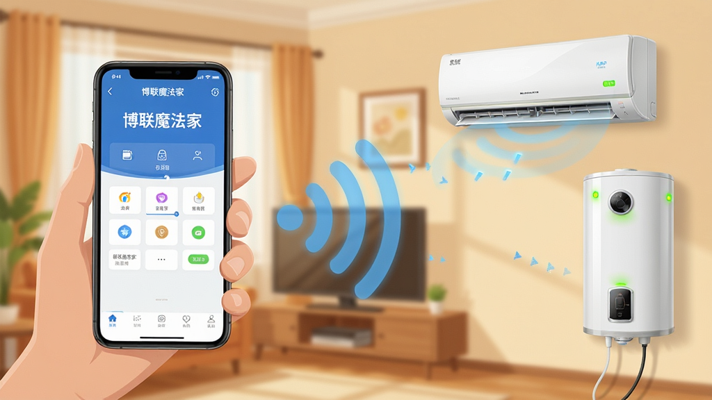 一张展示博联魔法家APP远程控制功能的场景图。画面左侧为用户手持手机,屏幕上显示博联魔法家APP控制界面,右侧为家中的空调和热水器设备,中间以无线信号波纹表示远程连接。整体布局为左右分布,手机在左,设备在右。风格为生活场景插画,细节包括手机屏幕上的