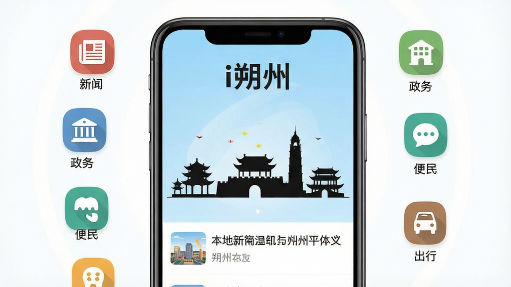 一张手机屏幕展示本地新闻资讯列表的界面,主标题为“i朔州”,画面中央是朔州城市地标剪影,背景为浅蓝色渐变,手机周围环绕着“新闻”“政务”“便民”“出行”等小图标,扁平化UI风格,画面干净整洁,高分辨率,适合软件下载站展示