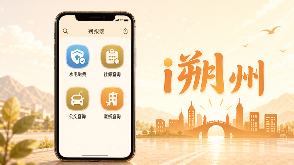 i朔州便民服务界面示意图,画面中心为手机屏幕,屏幕内展示水电缴费、社保查询、公交查询等图标,手机旁边有朔州城市剪影和“i朔州”文字标识,整体风格温馨明亮,细节丰富,适合用于软件特色展示