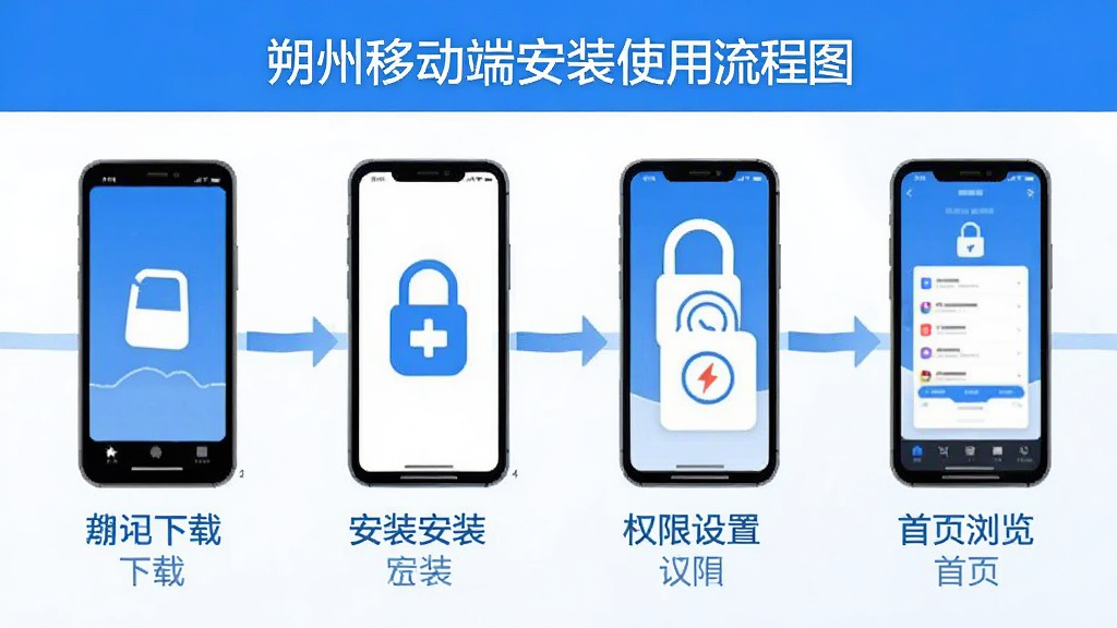 i朔州移动端安装使用流程图,画面展示手机从下载、安装、权限设置到首页浏览的四个步骤,每一步配有简洁图标和说明文字,整体风格清新简洁,主色调为蓝色和白色,适合用于教程配图