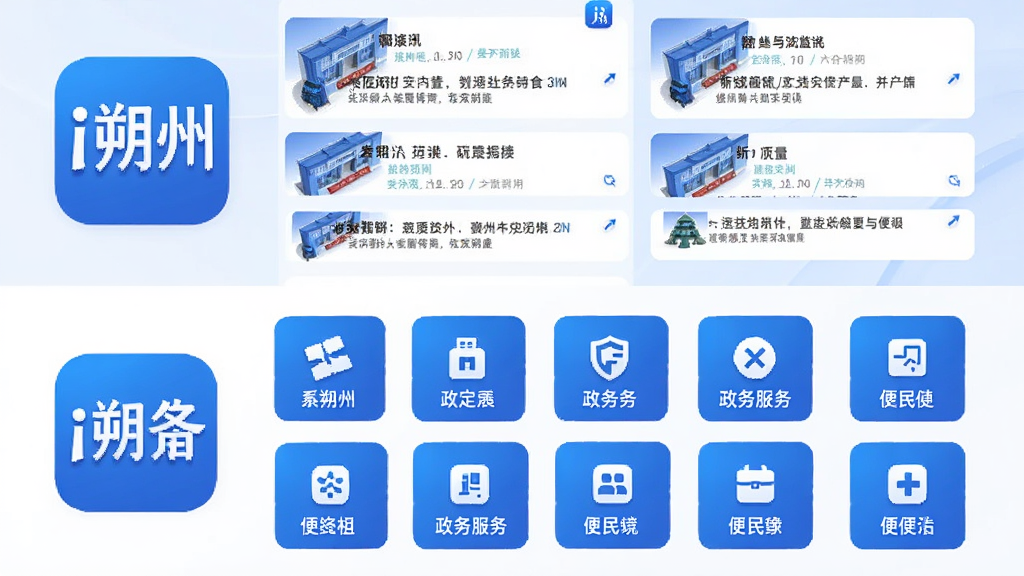 i朔州软件功能展示图,画面分为上下两层,上层为新闻资讯卡片流,下层为政务服务和便民图标网格,整体配色以蓝色和白色为主,风格简洁现代,包含“i朔州”应用图标,界面清晰,适合用于功能介绍配图