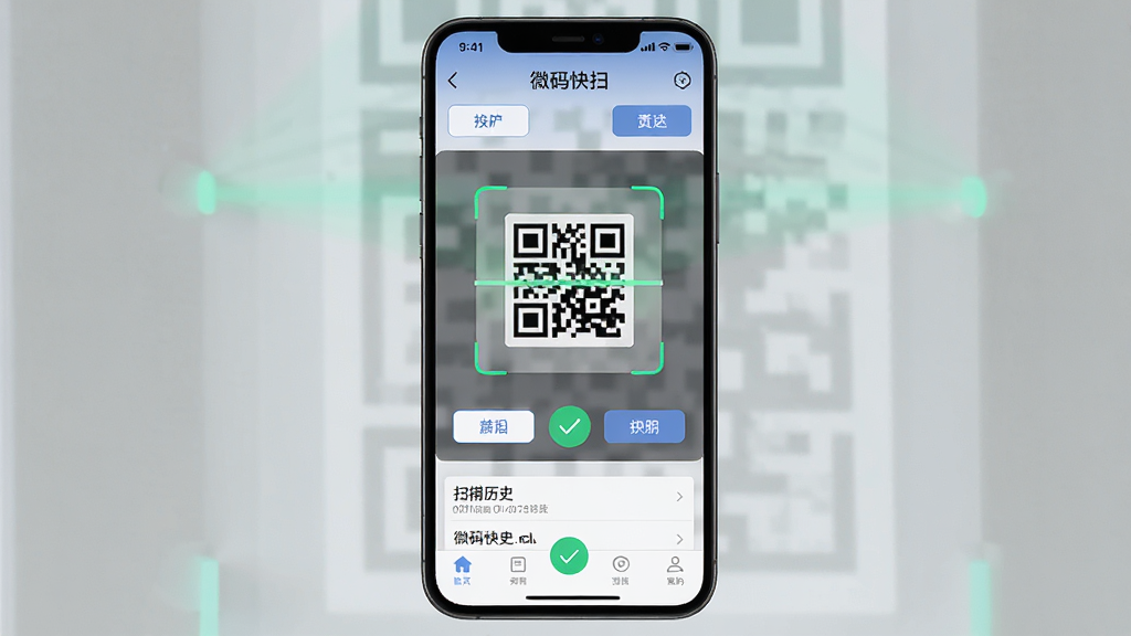 一张展示微码快扫二维码软件界面的手机截图,主体为手机屏幕,屏幕中央显示扫描框正在识别一个二维码,周围有简洁的功能按钮和扫描历史列表,布局清晰,排版为竖版手机展示风格,风格为现代科技感扁平化设计,细节包含扫描光线动画、识别成功的绿色对勾图标、底部导航栏,画质高清,干净,无多余元素