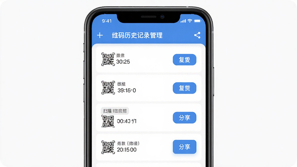 微码快扫二维码历史记录管理界面图,主体为手机屏幕显示扫描历史列表,布局为竖版手机界面,排版清晰,风格为现代扁平化设计,细节包含时间标签、二维码类型图标、复制分享按钮,画质高清,干净,无多余元素