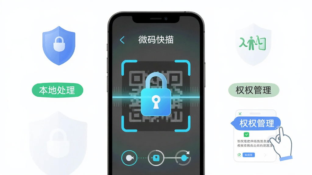 微码快扫二维码安全隐私保护概念图,主体为手机屏幕显示隐私保护锁图标与扫描界面结合,布局为居中对称,排版为竖版,风格为简洁安全风格,细节包含盾牌图标、本地处理标签、权限管理界面,画质高清,干净,无多余元素