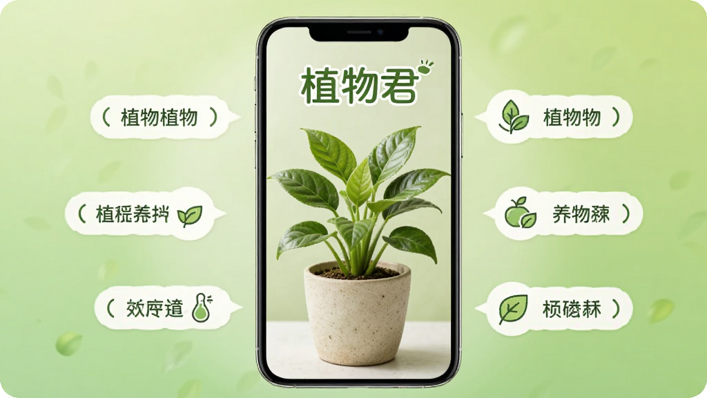 手机屏幕中央显示一盆绿色植物,周围环绕着植物名称标签与养护图标,背景为浅绿色渐变,画面上方有
