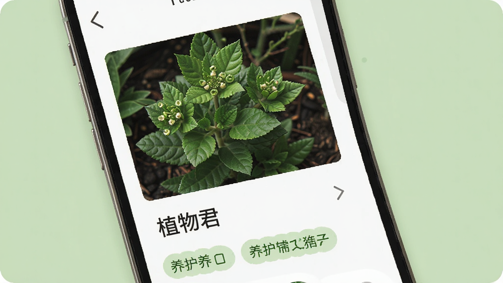 手机界面展示植物君识别结果页面,包含植物图片、名称、养护标签,背景为柔和绿色,排版清晰,风格简约,细节干净,无多余元素