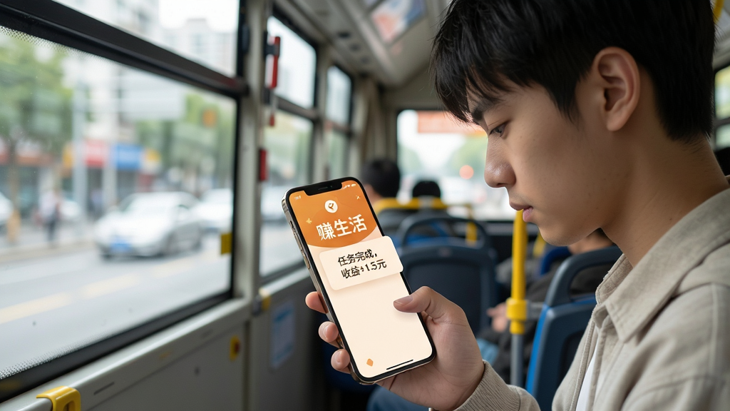 一位年轻人在公交车上低头看手机,手机屏幕显示
