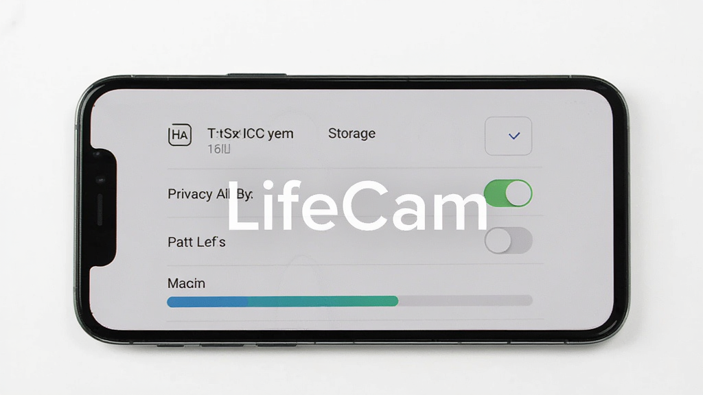 主体是手机屏幕显示LifeCam软件的存储设置页面,布局为列表式选项,排版清晰,风格为素雅极简,细节包括存储路径选择、隐私文件夹开关、容量显示条,画面中打文字“LifeCam”,画质高清,干净,无多余元素