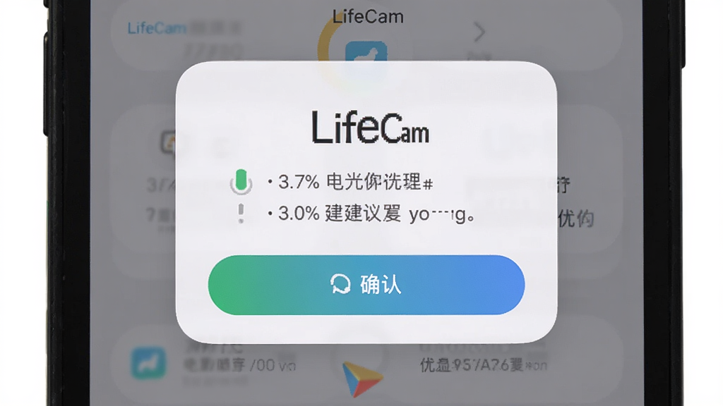 主体是手机屏幕展示LifeCam软件后台运行时的电池优化提示界面,布局为卡片式信息展示,排版居中,风格为柔和圆角,细节包括电量百分比、优化建议文字、确认按钮,画面中打文字“LifeCam”,画质高清,干净,无多余元素