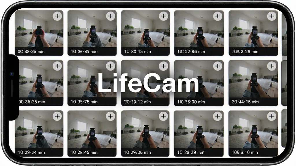 主体是手机屏幕展示LifeCam软件拍摄完成的照片库界面,布局为网格状缩略图排列,排版整齐有序,风格为清新简约,细节包括每张缩略图下方显示拍摄时间、右上角有选择按钮,画面中打文字“LifeCam”,画质高清,干净,无多余元素