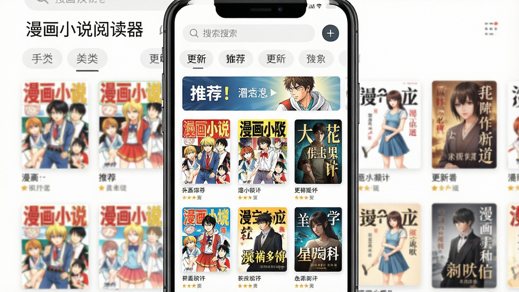 漫画小说阅读器首页界面截图,画面主体为手机屏幕中的书架页面,展示多排彩色漫画封面和小说封面,顶部有搜索框和分类标签,布局为竖版手机展示,风格为清新简约,细节包括“漫画小说阅读器”文字标识、推荐横幅、更新提示,画质高清,干净,无多余元素