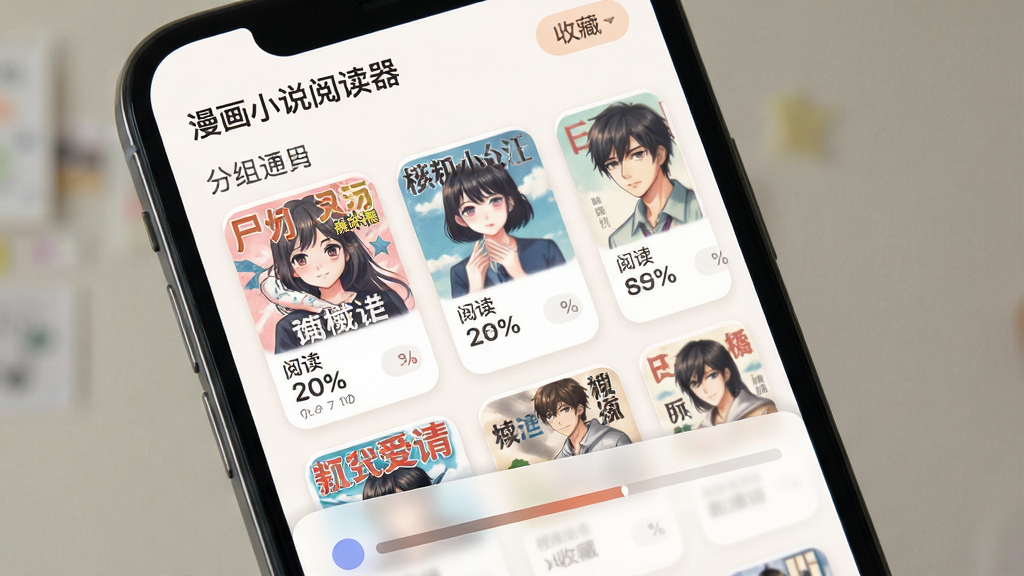 漫画小说阅读器书架管理界面,手机屏幕中展示分组书架与阅读进度条,画面主体为整齐排列的书籍卡片,布局为竖版手机展示,风格为柔和圆角卡片设计,细节包括“漫画小说阅读器”标题、收藏按钮、阅读百分比,画质高清,干净,无多余元素