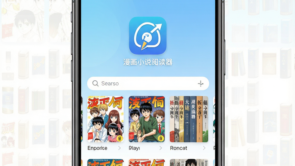 手机屏幕中展示漫画小说阅读器应用界面,画面中央是整齐排列的漫画封面和小说书脊,背景为浅蓝色渐变,主体突出软件图标与名称“漫画小说阅读器”,布局为竖版手机展示,风格为扁平化科技感,细节包括书架网格、搜索栏、分类标签,画质高清,干净,无多余元素