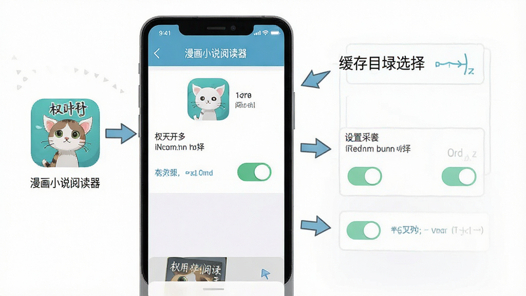 漫画小说阅读器安装设置步骤示意图,手机屏幕中展示权限开启与缓存目录选择界面,画面主体为手机设置页面与软件图标,布局为竖版手机展示,风格为扁平化教学图解,细节包括“漫画小说阅读器”文字、开关按钮、箭头指引,画质高清,干净,无多余元素