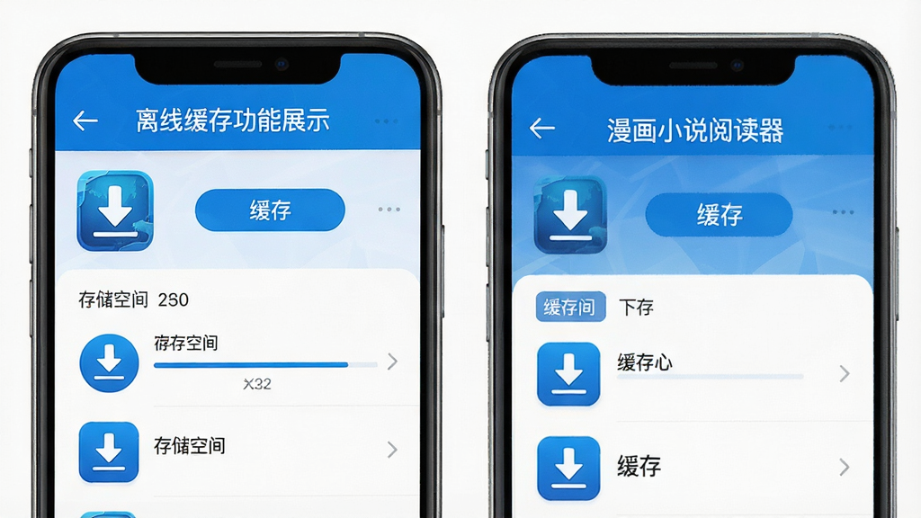 漫画小说阅读器离线缓存功能展示,手机屏幕中显示下载管理列表与缓存进度,画面主体为手机界面与下载图标,布局为竖版手机展示,风格为科技蓝配色,细节包括“漫画小说阅读器”文字、缓存按钮、存储空间提示,画质高清,干净,无多余元素