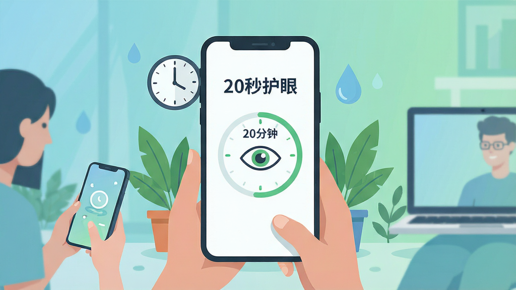 一张展示现代人使用手机和电脑的场景插画,画面中央是一部智能手机,屏幕上显示着“20秒护眼”应用界面,界面中有一个清晰的20分钟倒计时圆环和眼睛图标,周围环绕着时钟、绿色植物、水滴等代表健康和休息的元素,背景是柔和的蓝绿色渐变,整体风格清新简洁,扁平化设计,画质清晰,画面干净,无多余元素
